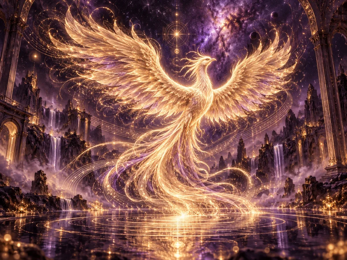 A luminous golden phoenix woven from sound waves above a violet celestial reflecting pool