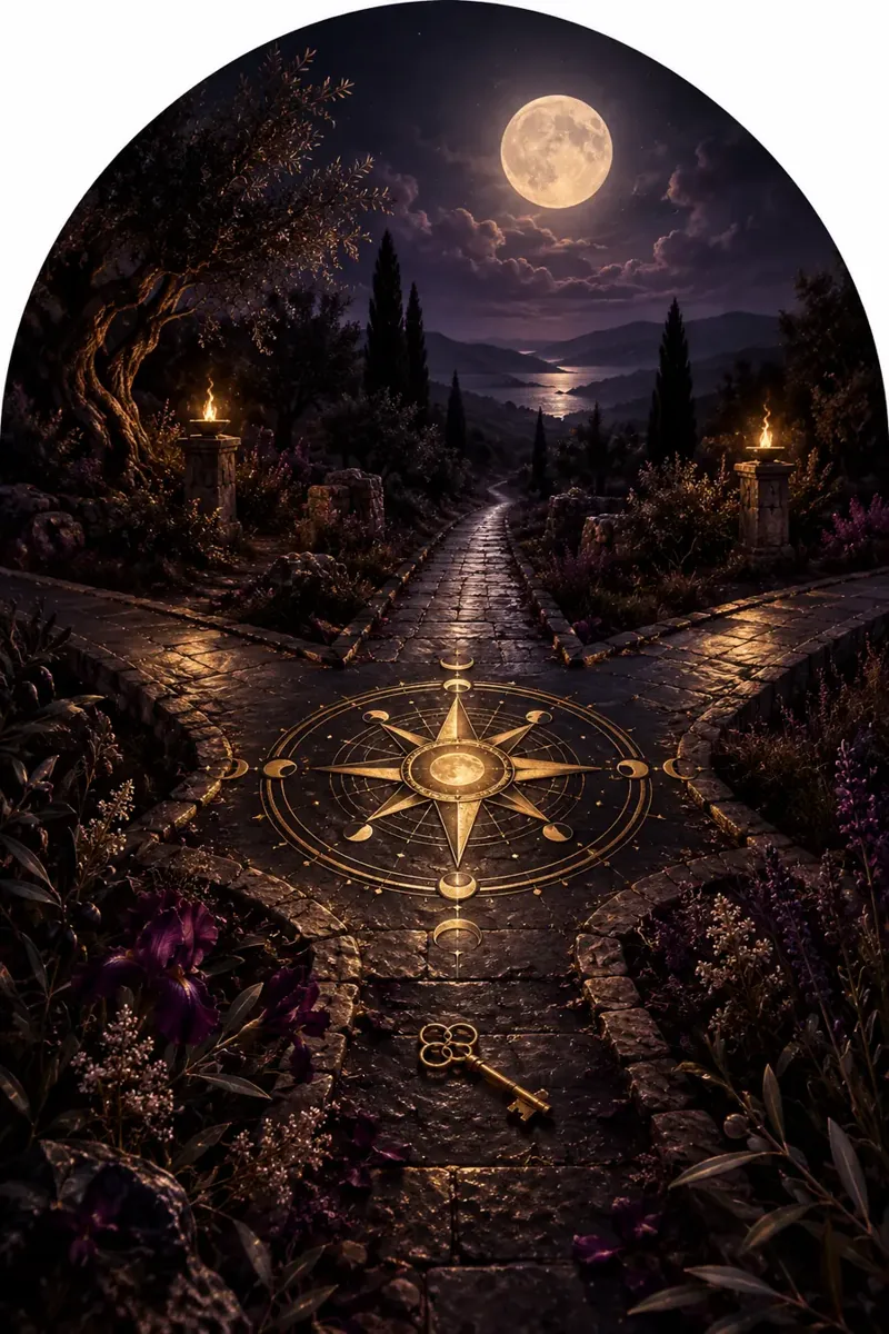 A golden celestial compass at a moonlit crossroads between twin torches