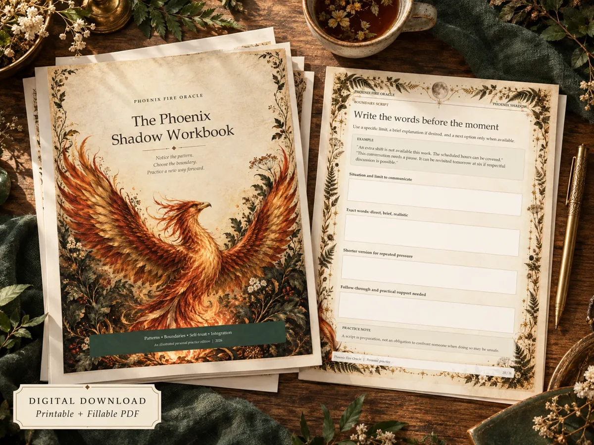 The Phoenix Shadow Workbook with its phoenix cover and boundary exercise