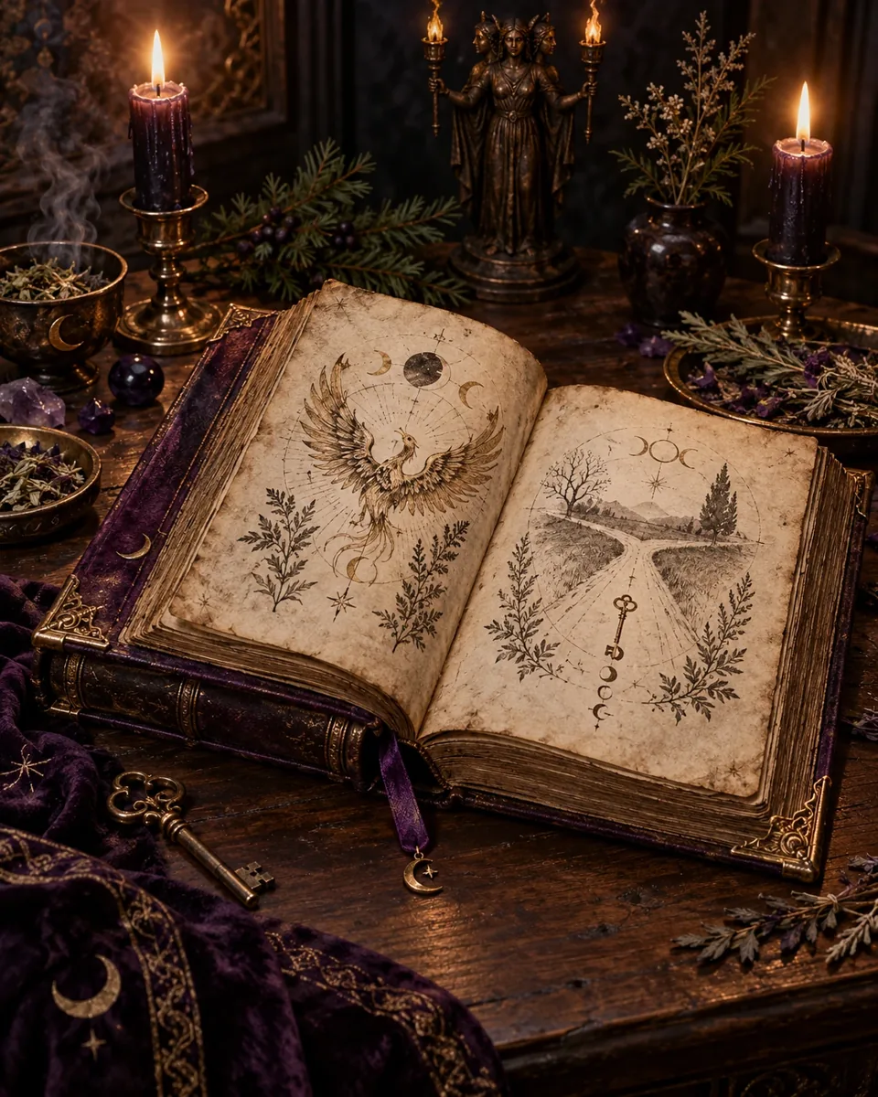 An open antique parchment grimoire resting naturally on a walnut altar with a phoenix, crossroads, key, twin torches and Hekatean details
