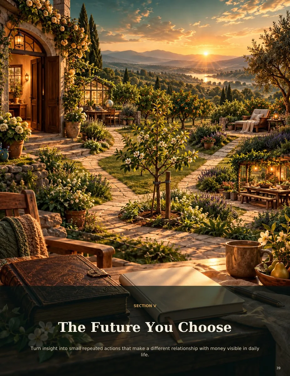 The Future You Choose section with original sunrise orchard artwork