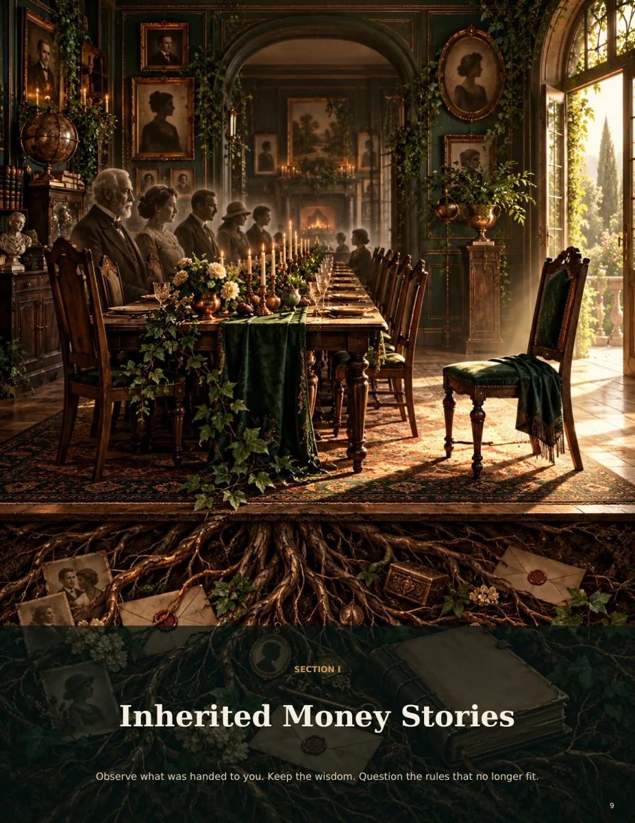 Inherited Money Stories section with original ancestral artwork